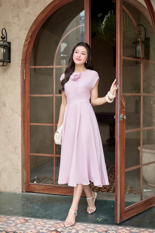 Light Murrey 3D Flower Organza Flared Dress