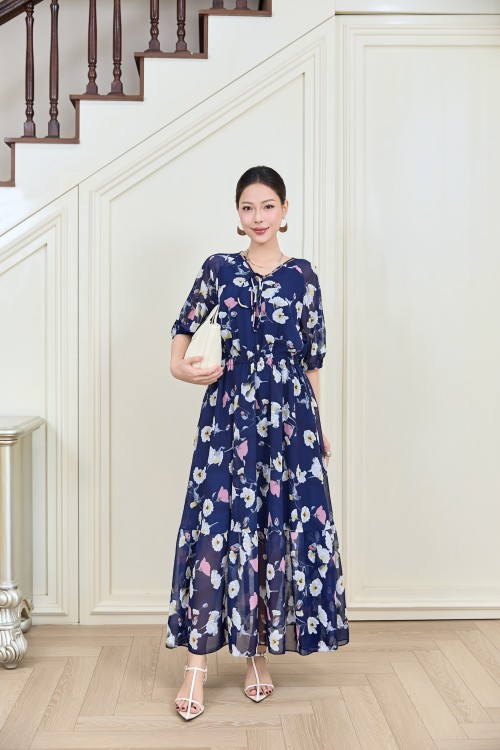 Navy Floral Chiffon Flared Dress