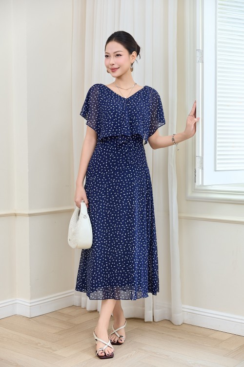 Navy Chiffon Flared Dress