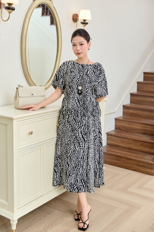 White Black Woven Flared Dress