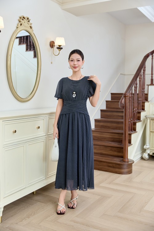 Navy Chiffon Flared Dress