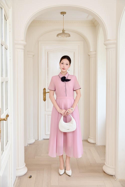 Peach Pink 3D Flower Organza Flared Dress