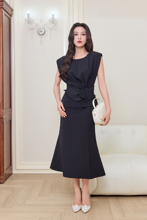 Black 3D Flower Woven Mermaid Dress