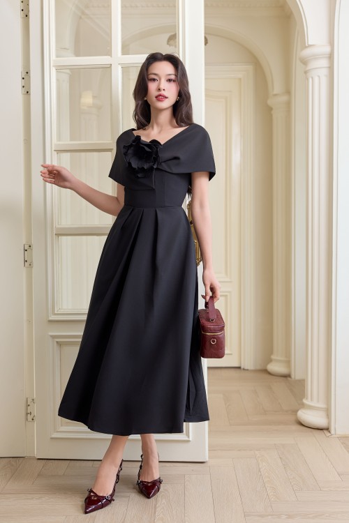 Black Woven Flared Dress With Flower