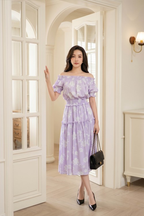 Sixdo Full Wine Midi Voile Floral Print Dress