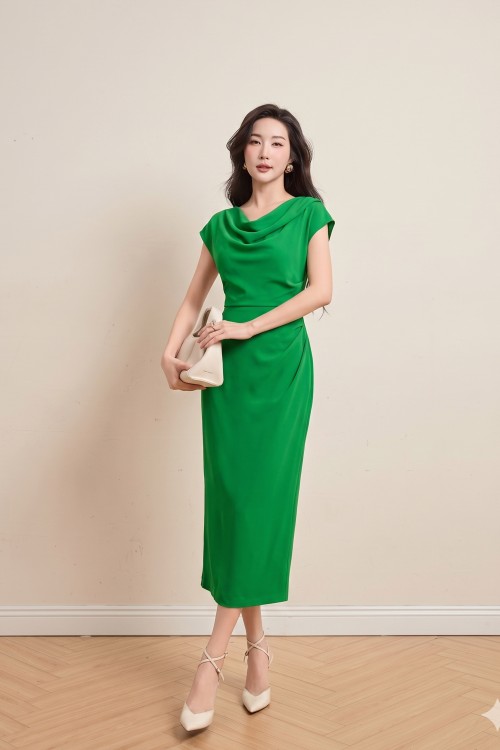 Sixdo Green Silk Sarong Dress