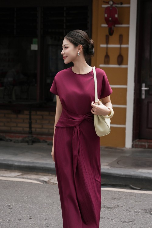 Sixdo Wine Raw Sarong Dress