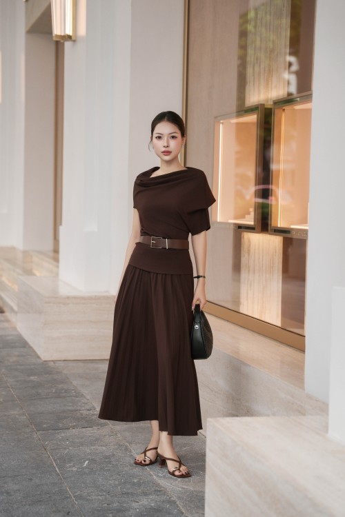 Sixdo Chocolate Brown Knit Blouse With Belt