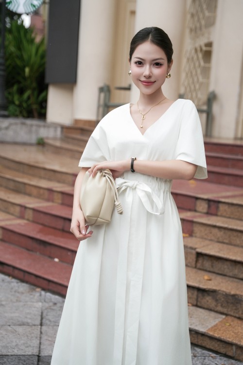 Sixdo White Raw Flared Dress