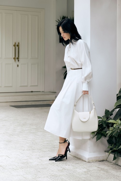Sixdo White Raw Flared Dress With Belt