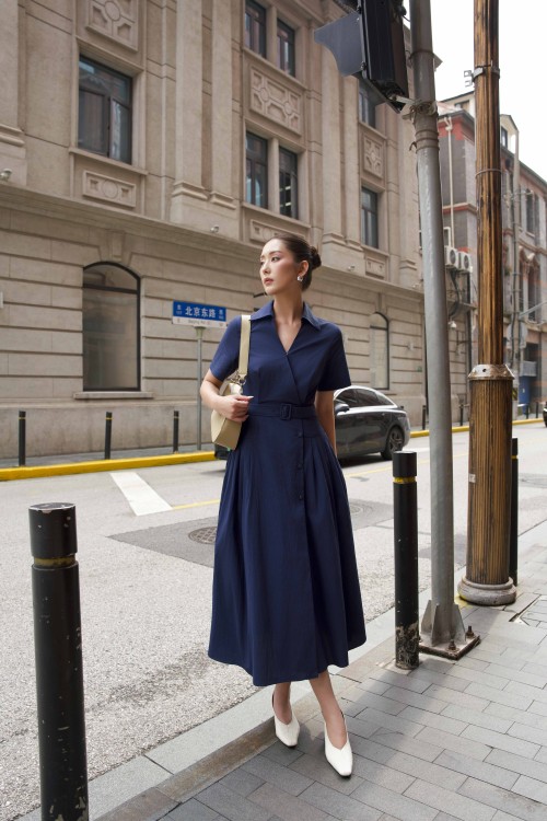 Sixdo Navy Raw Flared Dress