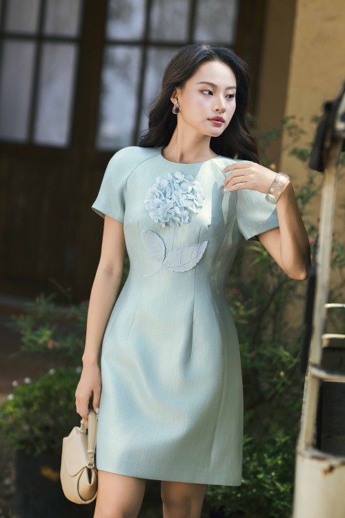 Sixdo Mint 3D Flower Woven Mini Dress