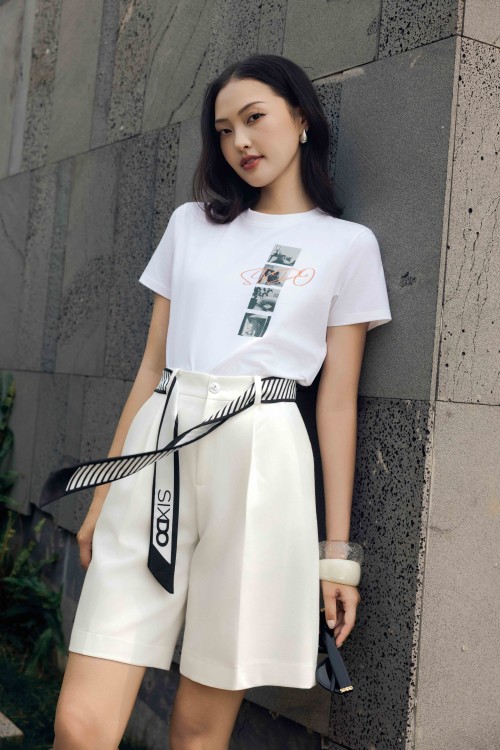 Sixdo White Graphic Photo Cotton Tshirt