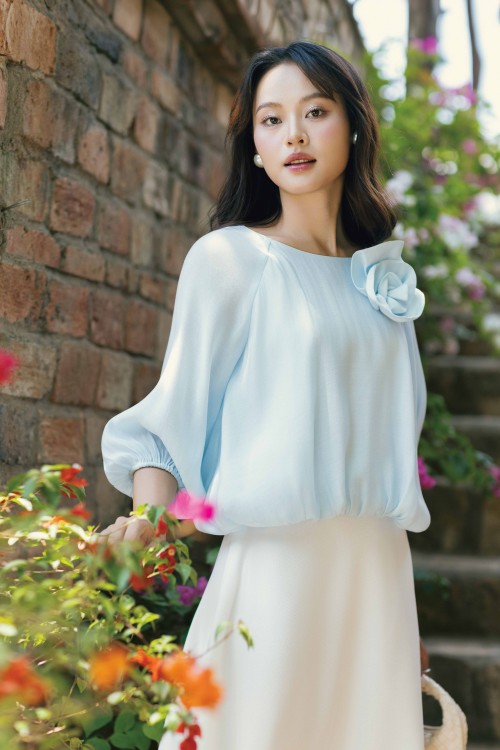 Sixdo Light Blue Organza Blouse With Flower