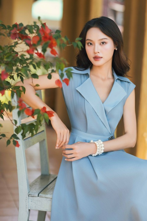 Sixdo Blue Organza Flared Dress