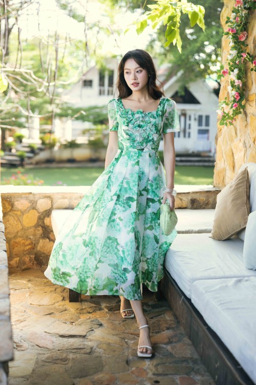 Sixdo White 3D Flower Organza Flared Dress