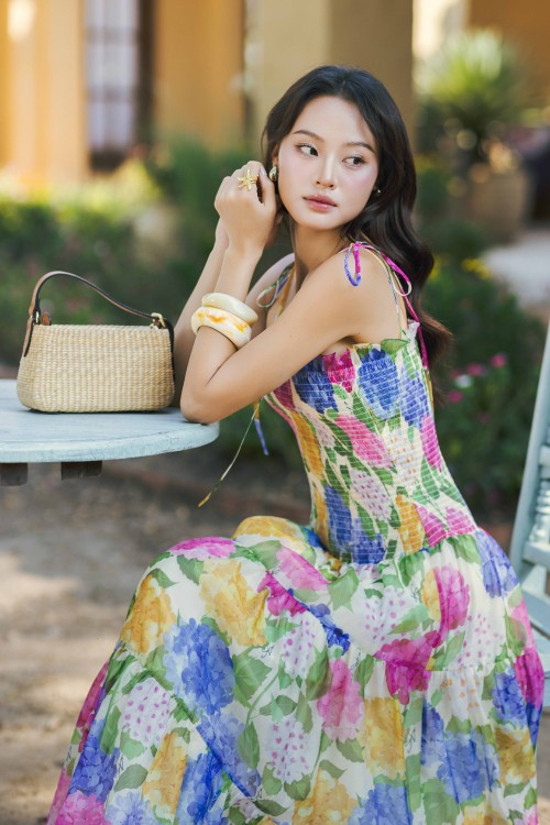 Sixdo Cream Floral Organza Flared Dress