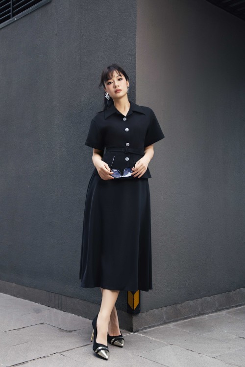 Sixdo Black Woven Flared Skirt