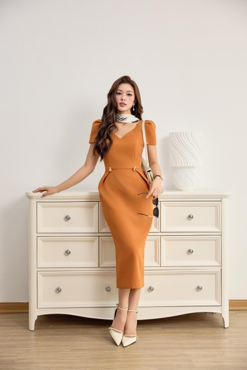 Sixdo Ochre Woven Pencil Dress