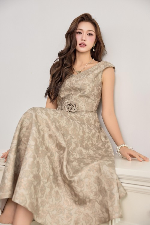 Sixdo Dark Beige Brocade Flared Dress With Flower