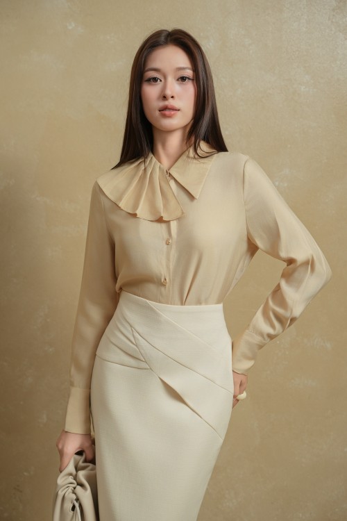 Sixdo Cream Raw Pencil Skirt