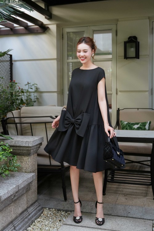 Sixdo Black Bowtie Woven Loose Dress