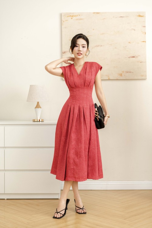Sixdo Rosy Brocade Flared Dress