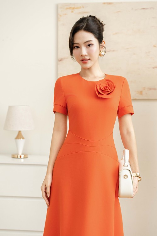 Sixdo Orange Woven Flared Dress With Flower