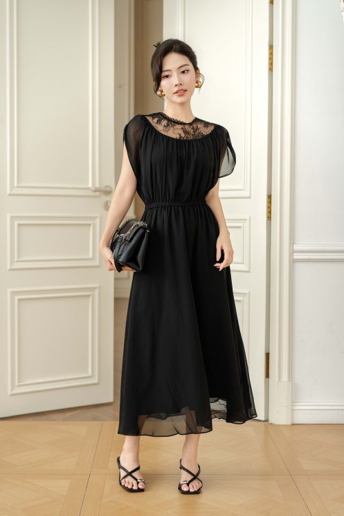 Sixdo Black Chiffon Flared Dress