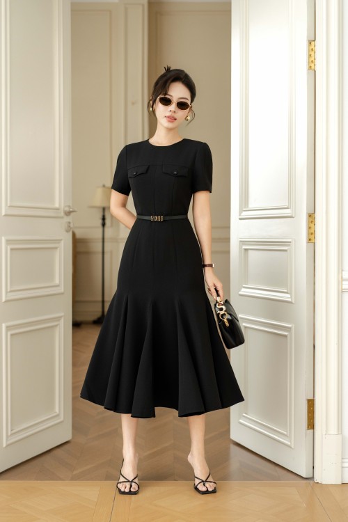 Sixdo Black Woven Flared Dress