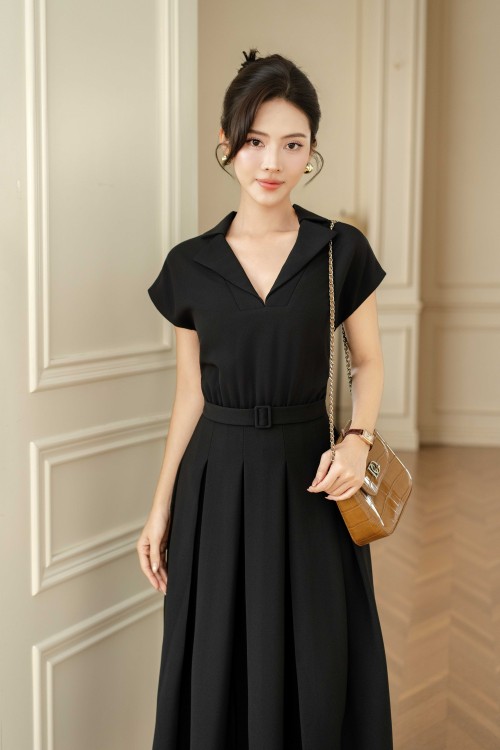 Sixdo Black Woven Flared Dress