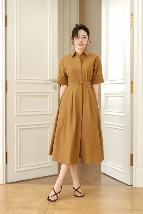 Sixdo Yellowish-brown Raw Flared Dress