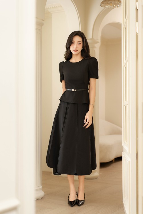 Sixdo Black Woven Flared Skirt