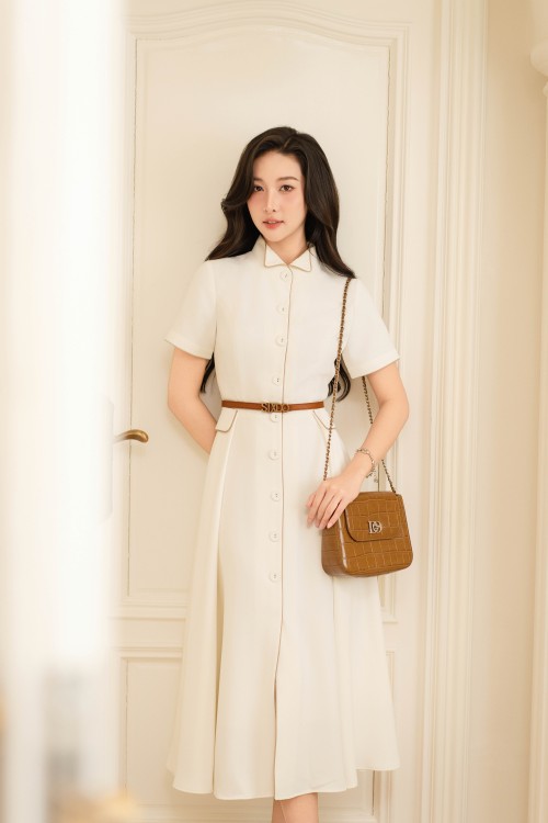 Sixdo White Woven Flared Dress