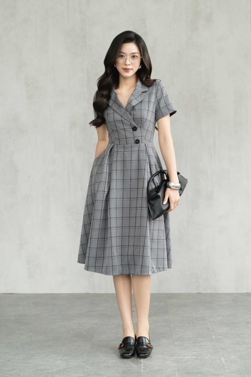Sixdo Dark Grey Woven Flared Dress