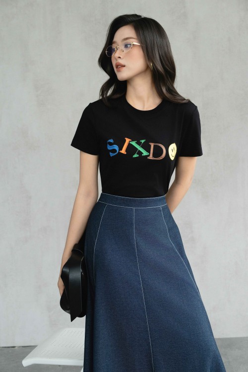 Sixdo Dark Navy Denim Flared Skirt