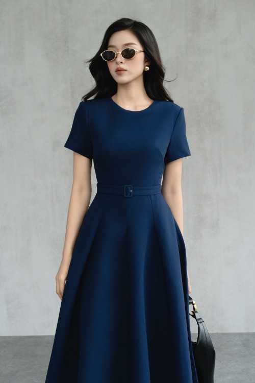Sixdo Navy Woven Flared Dress