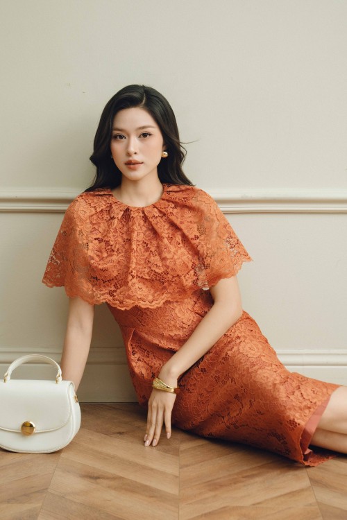 Sixdo Ochre Lace Pencil Dress