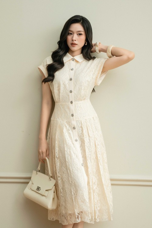 Sixdo Cream Lace Flared Dress