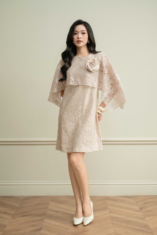 Sixdo Beige Lace Loose Dress With Flower