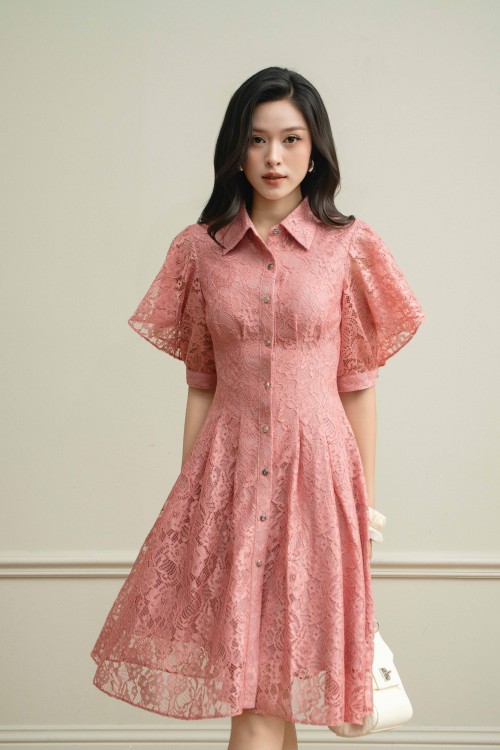 Sixdo Pink Lace Flared Dress