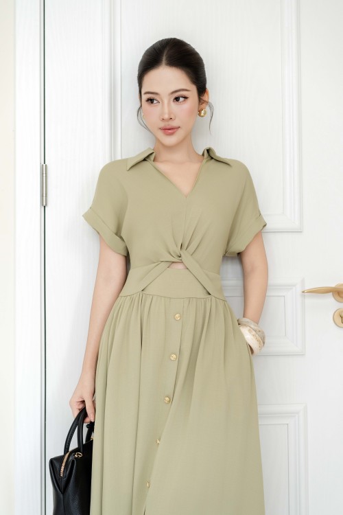 Sixdo Light Green Nuggets Woven Flared Dress