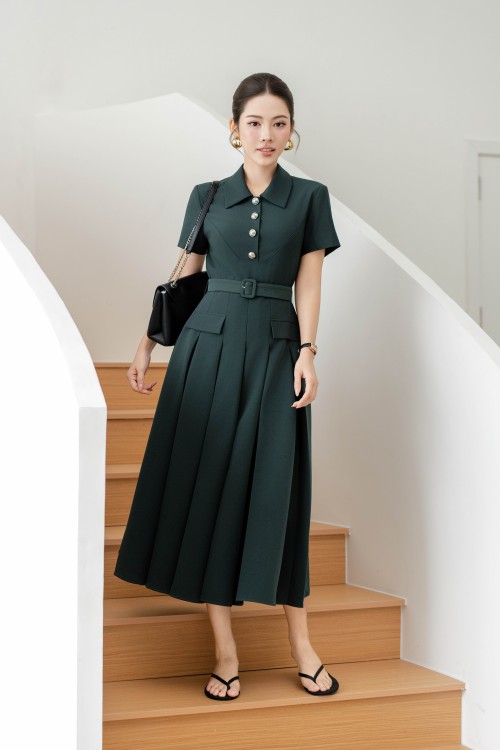 Sixdo Pine Green Woven Flared Dress