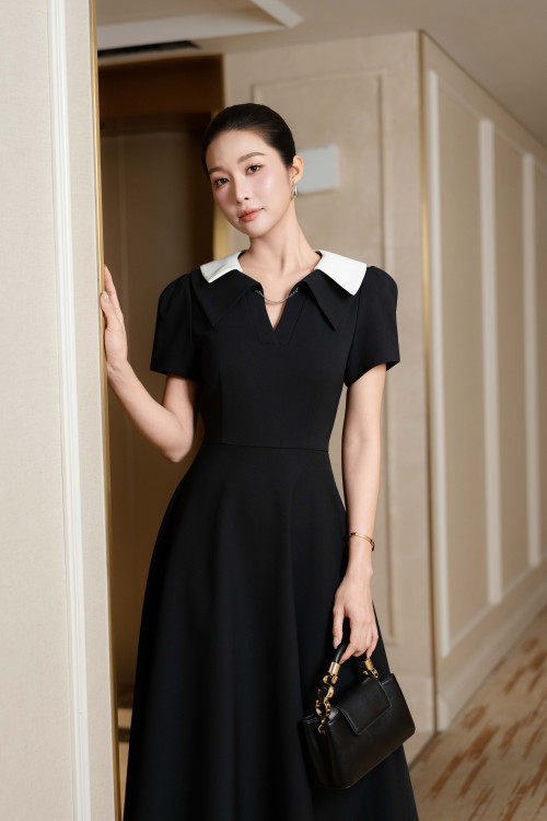 Sixdo Black Woven Flared Dress With Collar