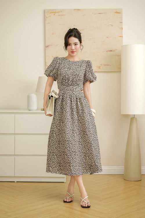 Sixdo Beige Floral Woven Flared Dress