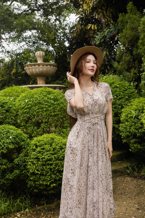 Sixdo Beige Floral Organza Flared Dress