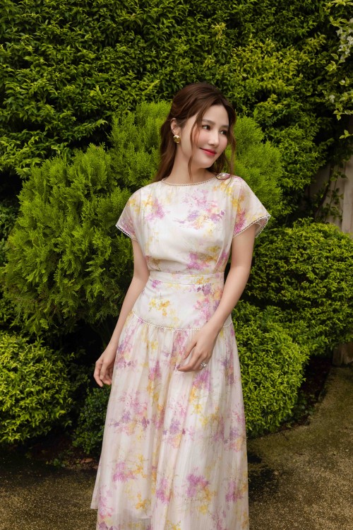 Sixdo Dark Beige Floral Organza Flared Dress