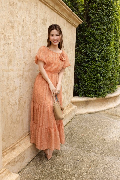 Sixdo Orange Organza Flared Dress With Flower