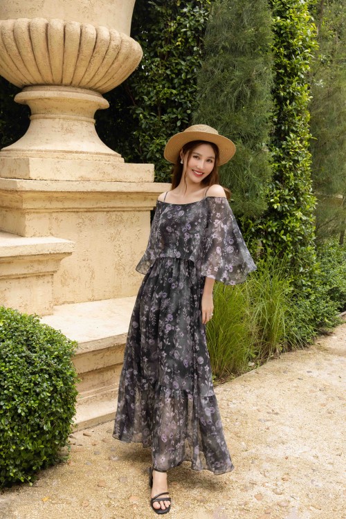 Sixdo Black Floral Organza Flared Dress