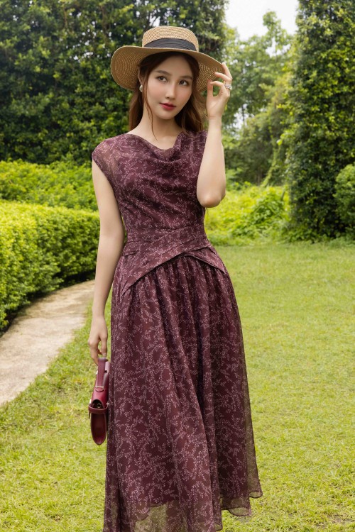 Sixdo Russet Voile Flared Dress